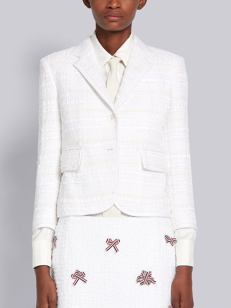 White Cotton Oxford Ribbon Tweed Tipped High Armhole Jacket