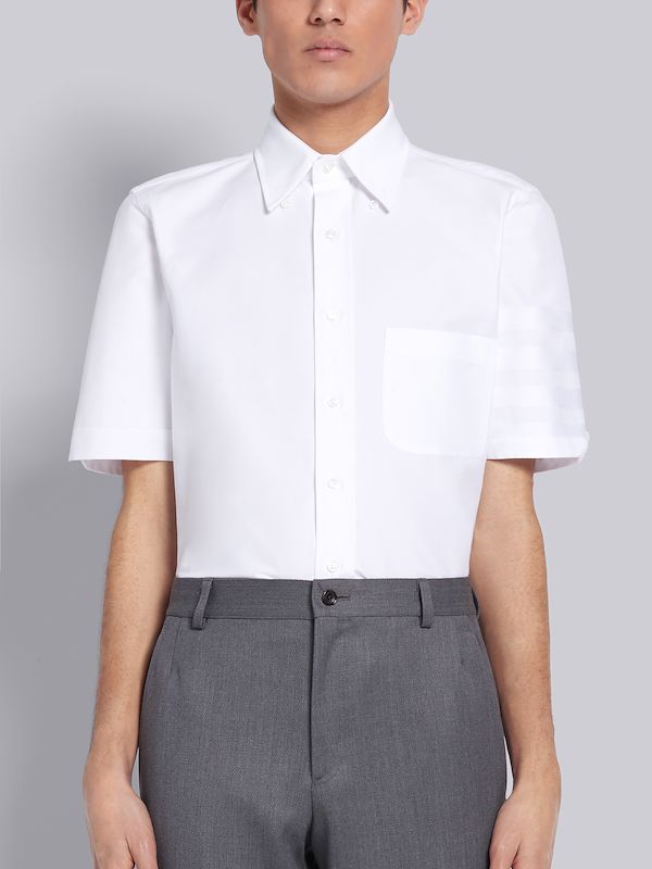White Cotton Poplin Short Sleeve Satin Weave 4-Bar Shirt