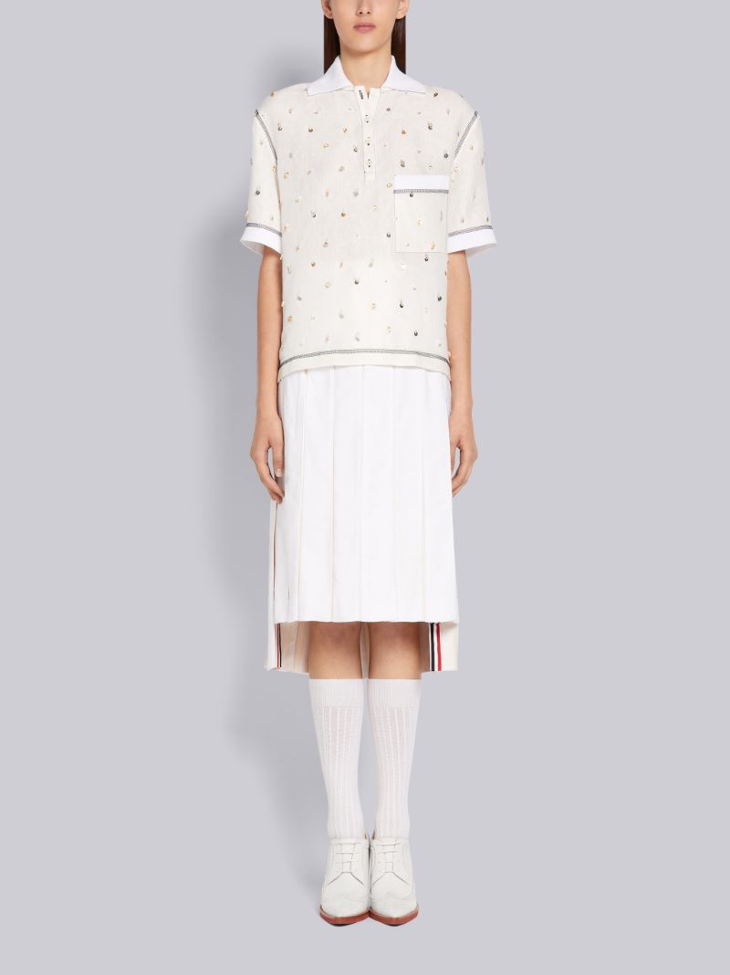 White Crispy Linen Suiting Glass Beading Short Sleeve Polo Shirt