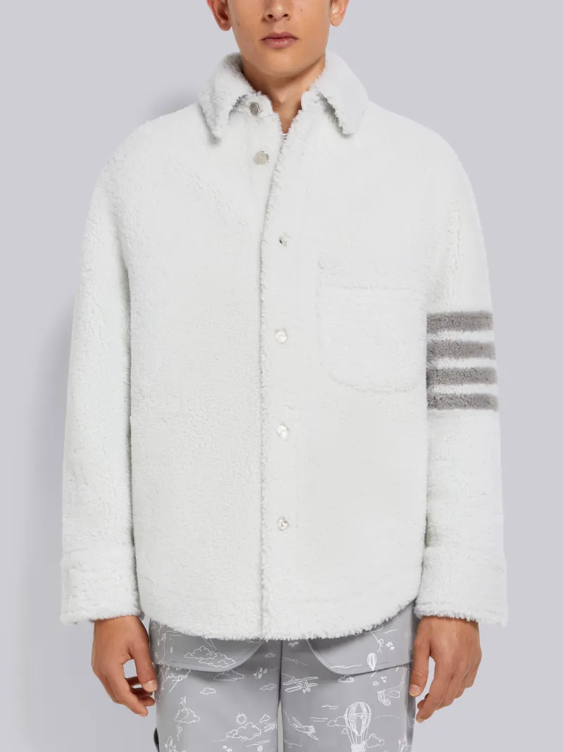White Dyed Shearling 4-Bar Oversized Shirt Jacket | Thom Browne