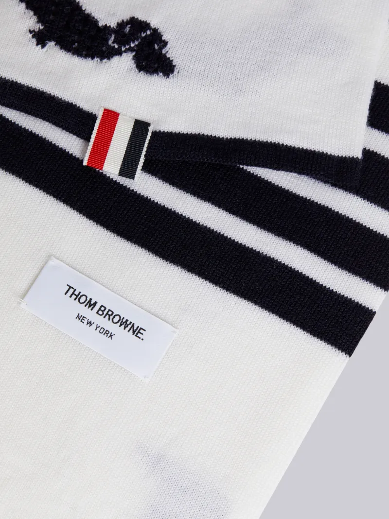 White Extrafine Merino Hector Icon Half Drop Intarsia 4-Bar Stripe Scarf White Extrafine Merino Hector Icon Half Drop Intarsia 4-Bar Stripe Scarf