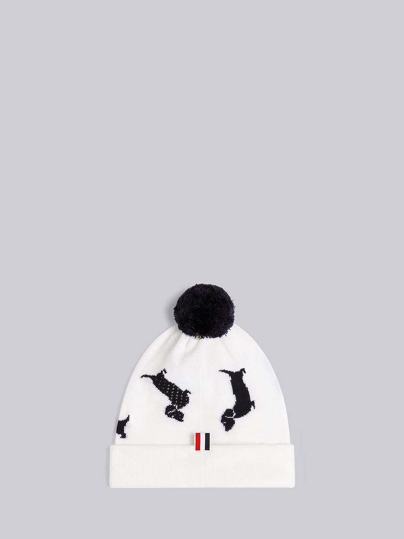White Extrafine Merino Wool Hector Icon Half Drop Intarsia Pom Pom Hat