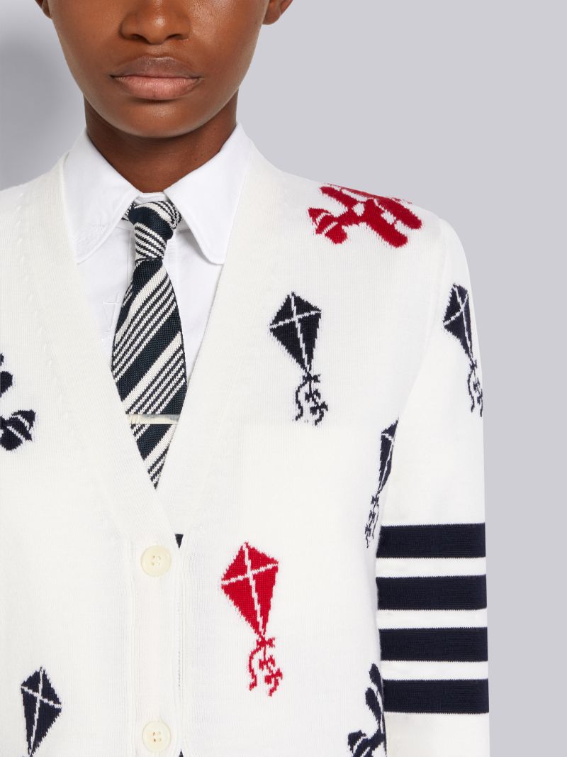 White Fine Merino Wool 4-Bar Half Drop Sky Icon V-Neck Cardigan