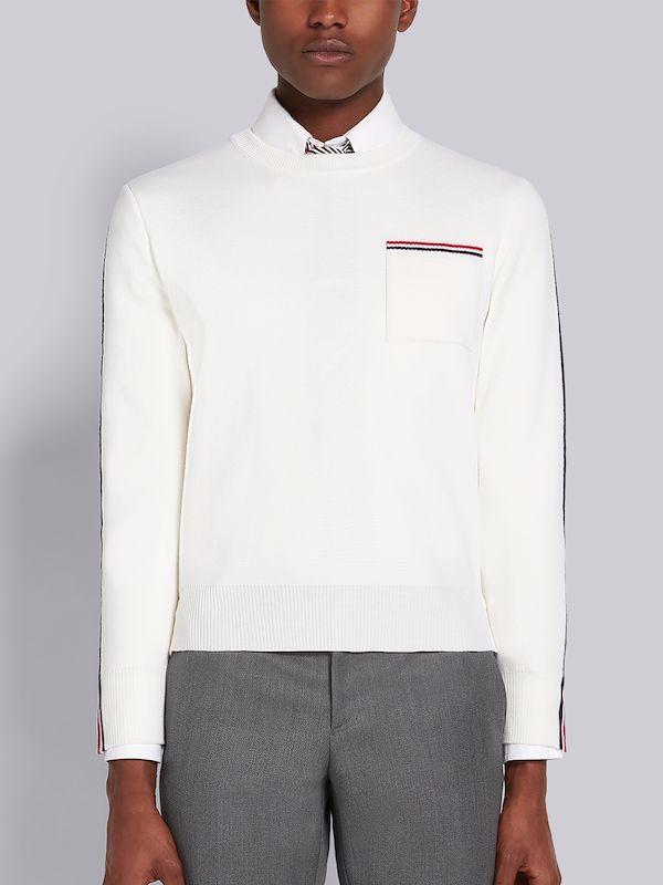 White Fine Merino Wool Intarsia Stripe Milano Stitch Crew Neck Pullover