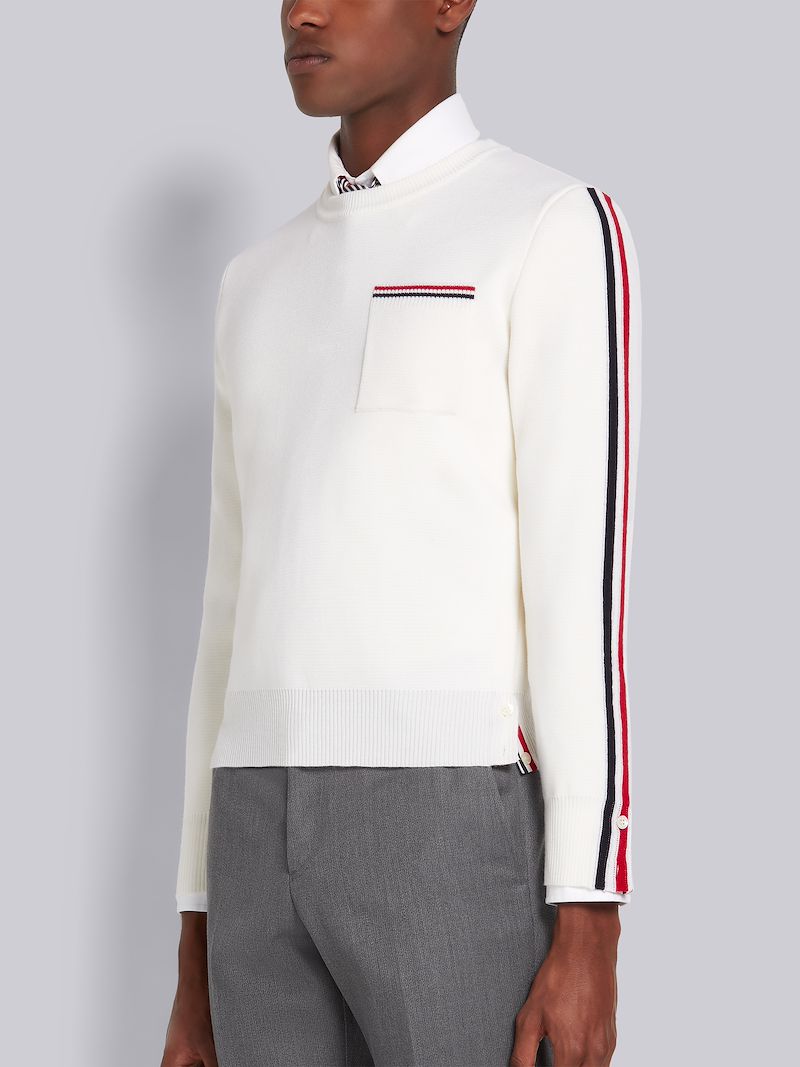 White Fine Merino Wool Intarsia Stripe Milano Stitch Crew Neck Pullover