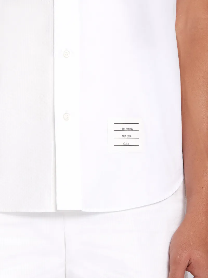 White Fun-Mix Cotton Seersucker Grosgrain Cuff Straight Fit Short Sleeve Shirt