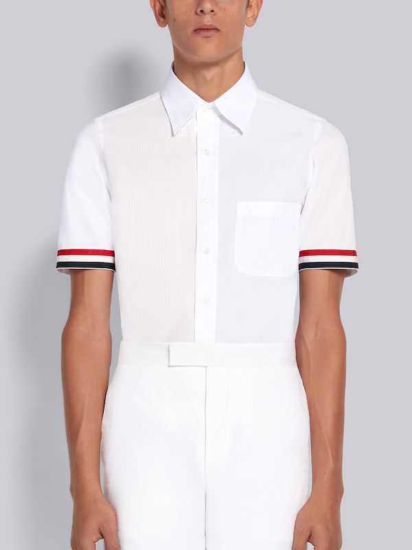 White Fun-Mix Cotton Seersucker Grosgrain Cuff Straight Fit Short Sleeve Shirt