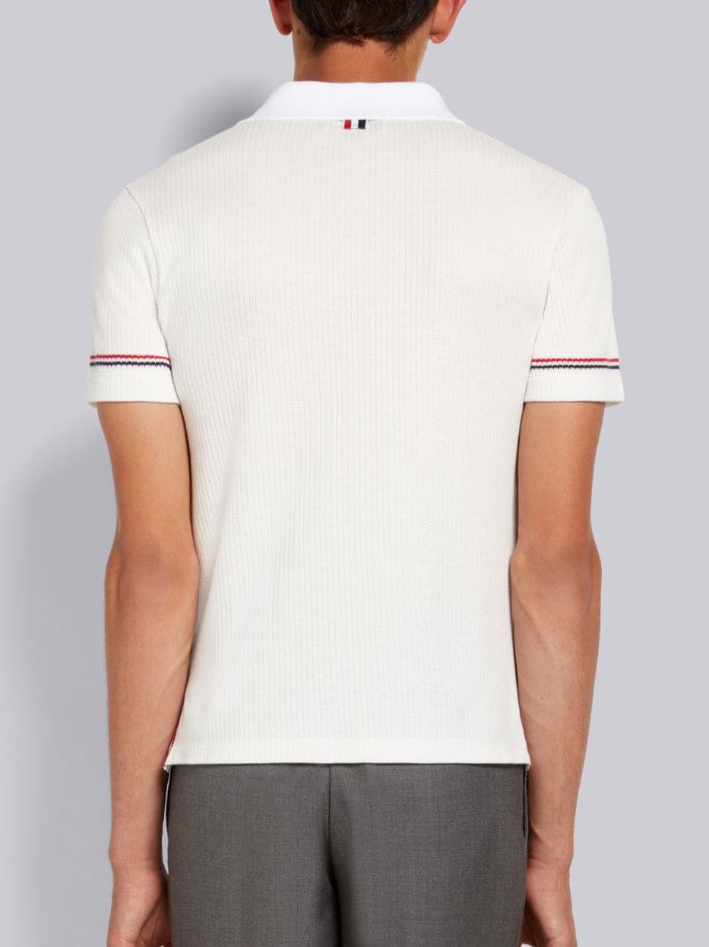 White Micro Thermal Rib Stripe Cuff Polo