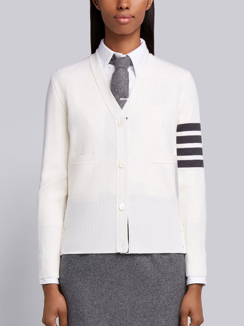 White Milano Stitch Fine Merino Wool 4-bar Classic V-neck Cardigan