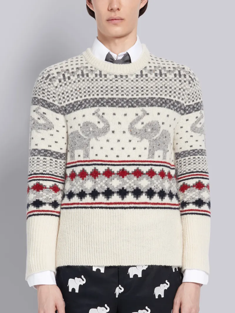 White Mohair Wool Elephant Icon Fair Isle Crewneck Pullover