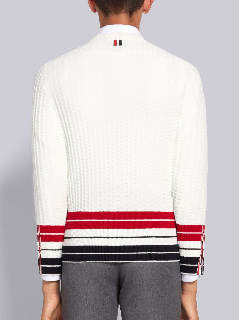 White Overtwisted Cotton Stripe Hem Crewneck Pullover