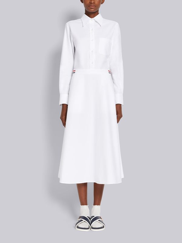 White Oxford High Waisted A-Line Below The Knee Shirtdress