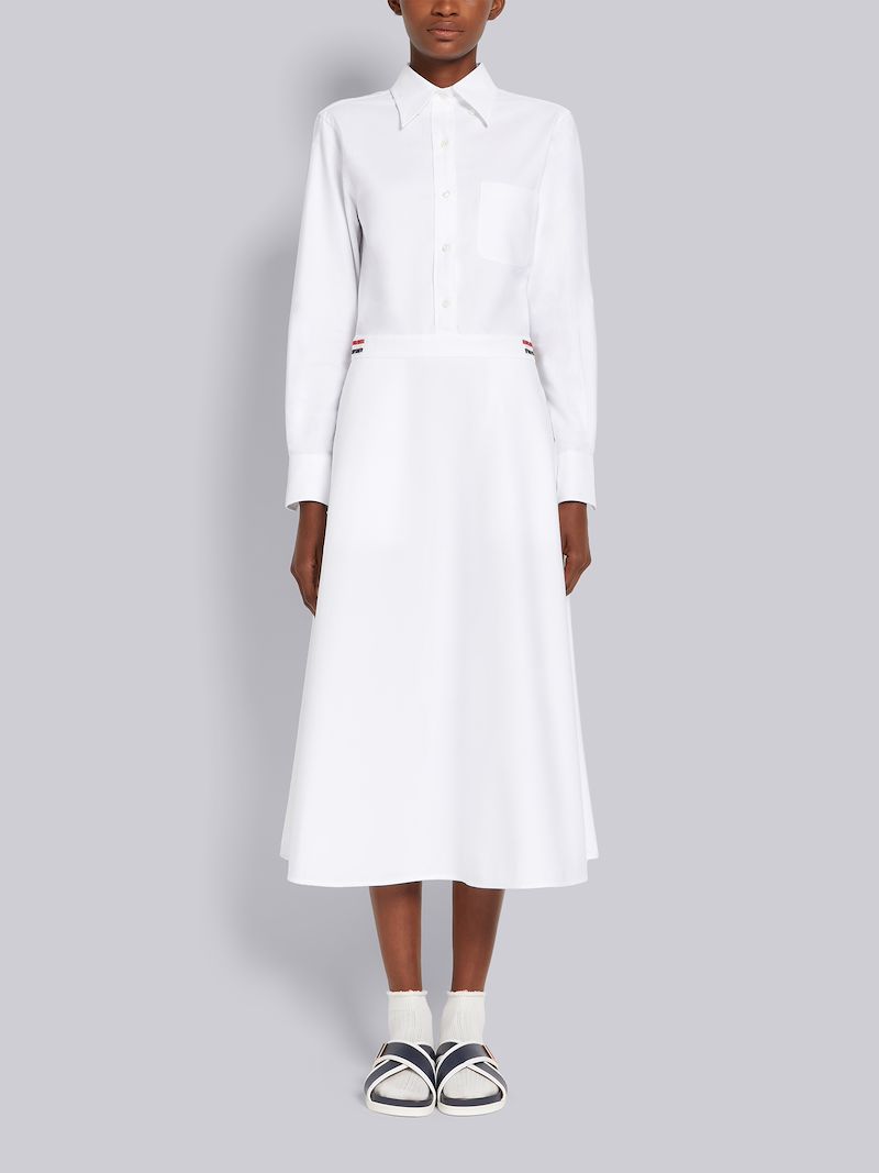 White Oxford High Waisted A-Line Below The Knee Shirtdress