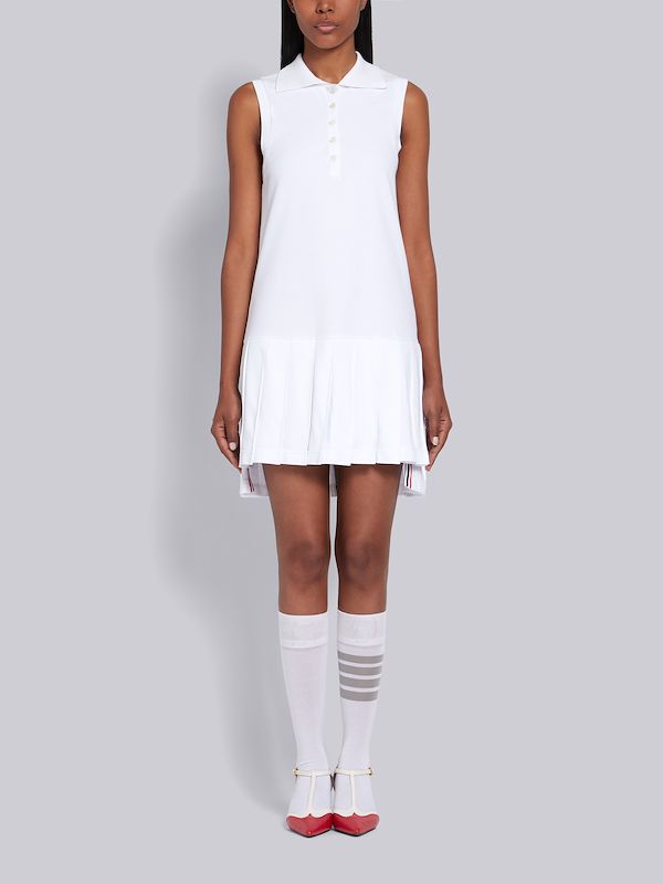 White Pique Center Back RWB Stripe Sleeveless Pleated Tennis Dress