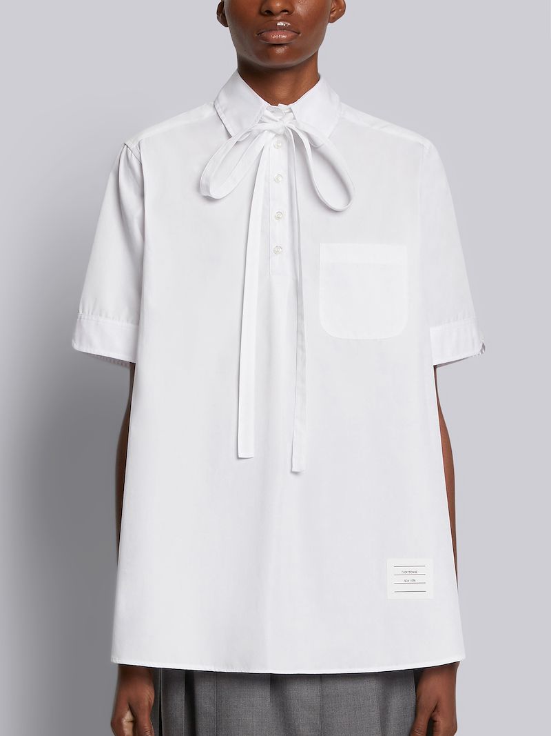 White Solid Poplin Short Sleeve Bow Tie Blouson Shirt
