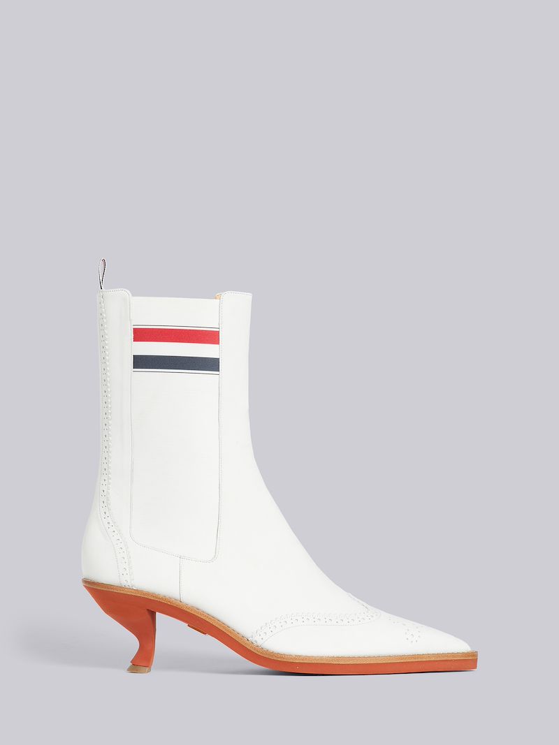 White Suede Brogued Wingtip Stripe 50mm Curved Heel Chelsea Boot