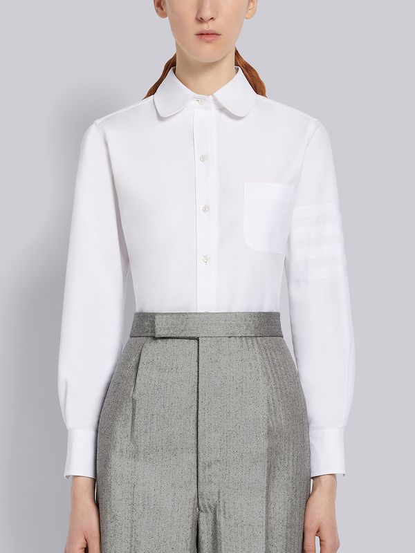 White Supima Cotton Oxford Satin Weave 4-Bar Long Sleeve Round Collar Shirt