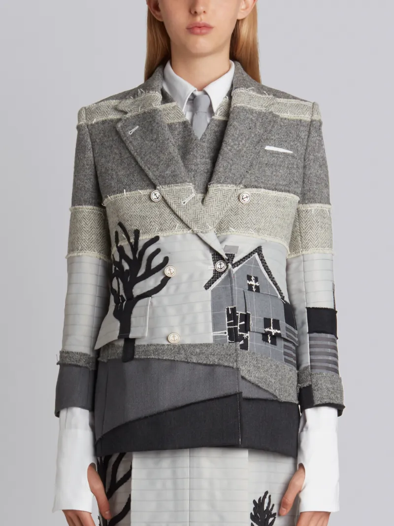 WIDE LAPEL DOUBLE BREASTED SPORT COAT IN GREY SCENIC PATCHWORK EMBROIDERY Thom Browne