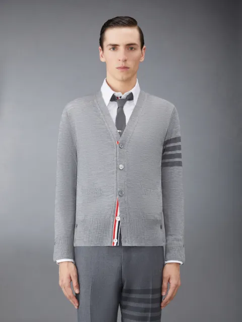 Medium Grey Fine Merino Wool V-neck 4-Bar Cardigan | Thom Browne