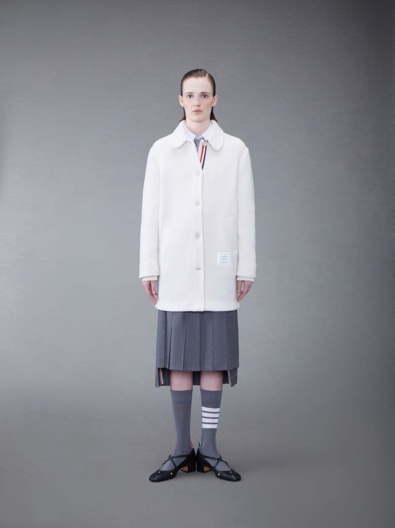 Wool Fleece Stripe Round Collar Overcoat | Thom Browne