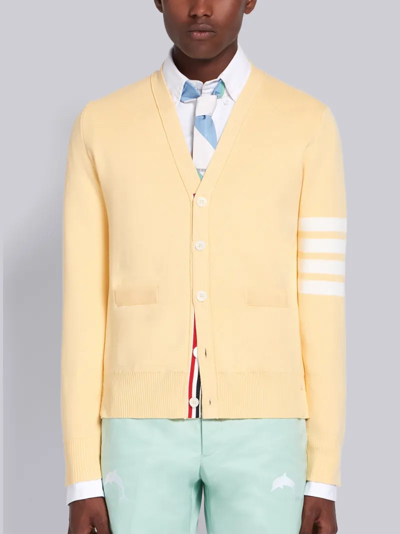 Yellow Cotton V-Neck 4-Bar Cardigan 