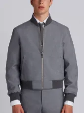 Zip Front Blousson Ribbed Jacket With Center Back Red, White And Blue Selvedge In School Uniform Plain Weave