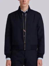 Zip Front Blousson Ribbed Jacket With Center Back Red, White And Blue Selvedge In School Uniform Plain Weave