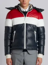 三色鹿皮前拉链可拆卸帽羽绒滑雪夹克