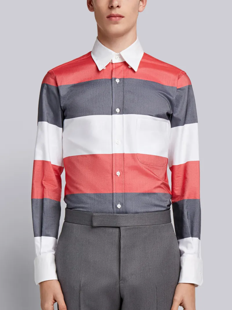 红白蓝三色橄榄球条纹饰牛津布衬衫