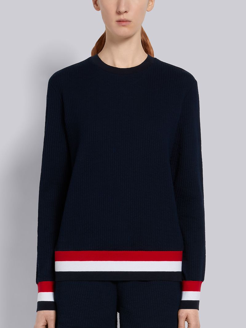 ネイビー コットン シアサッカー トリコロール トリムクルーネック スウェットシャツドレスブルー Thom Browne 公式オンラインサイト ネイビー コットン シアサッカー トリコロール トリムクルーネック スウェットシャツドレスブルー Thom Browne 公式オンラインサイト