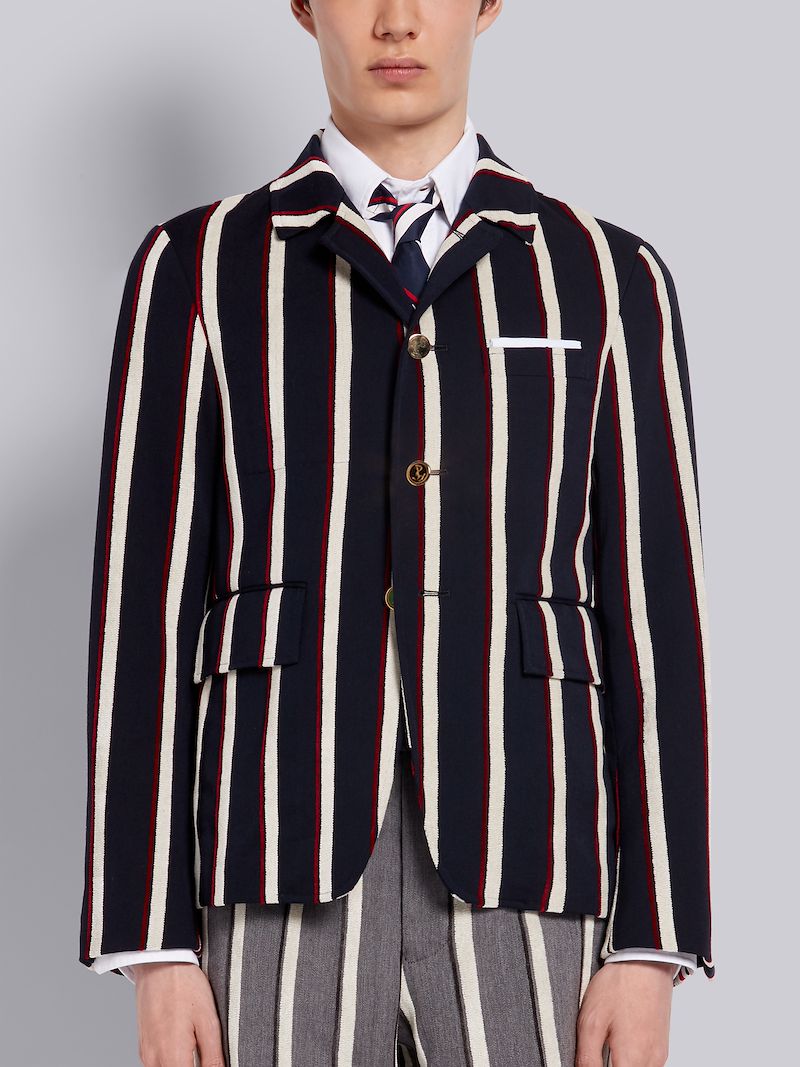 トリコロール ベルベット ボールドレップストライプウール コットンスーチング カットアウェイ ジャケットブルー Thom Browne 公式オンラインサイト