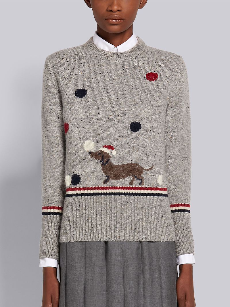 ライトグレー モヘア ツイード マルチカラー ホリデー ヘクターインターシャ クルーネックプルオーバーグレー Thom Browne 公式オンラインサイト