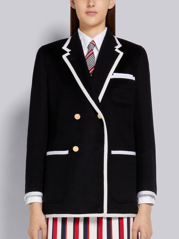 ネイビー ジャケットウェイト カシミア グログランパイピング ダブルブレスト サックジャケット