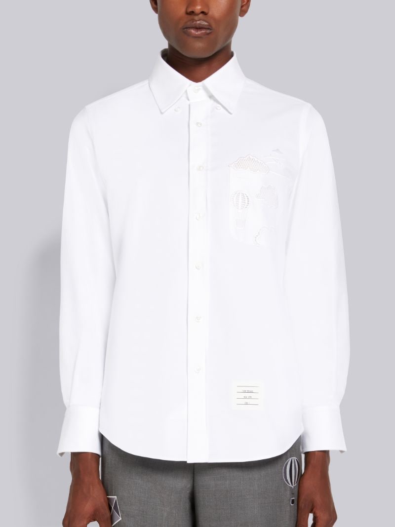 ホワイト イギリス刺繍 スカイモチーフ ポケット ストレートフィット シャツ