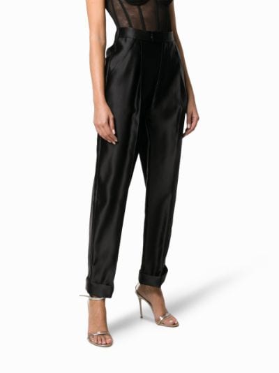 high-waisted silk trousers