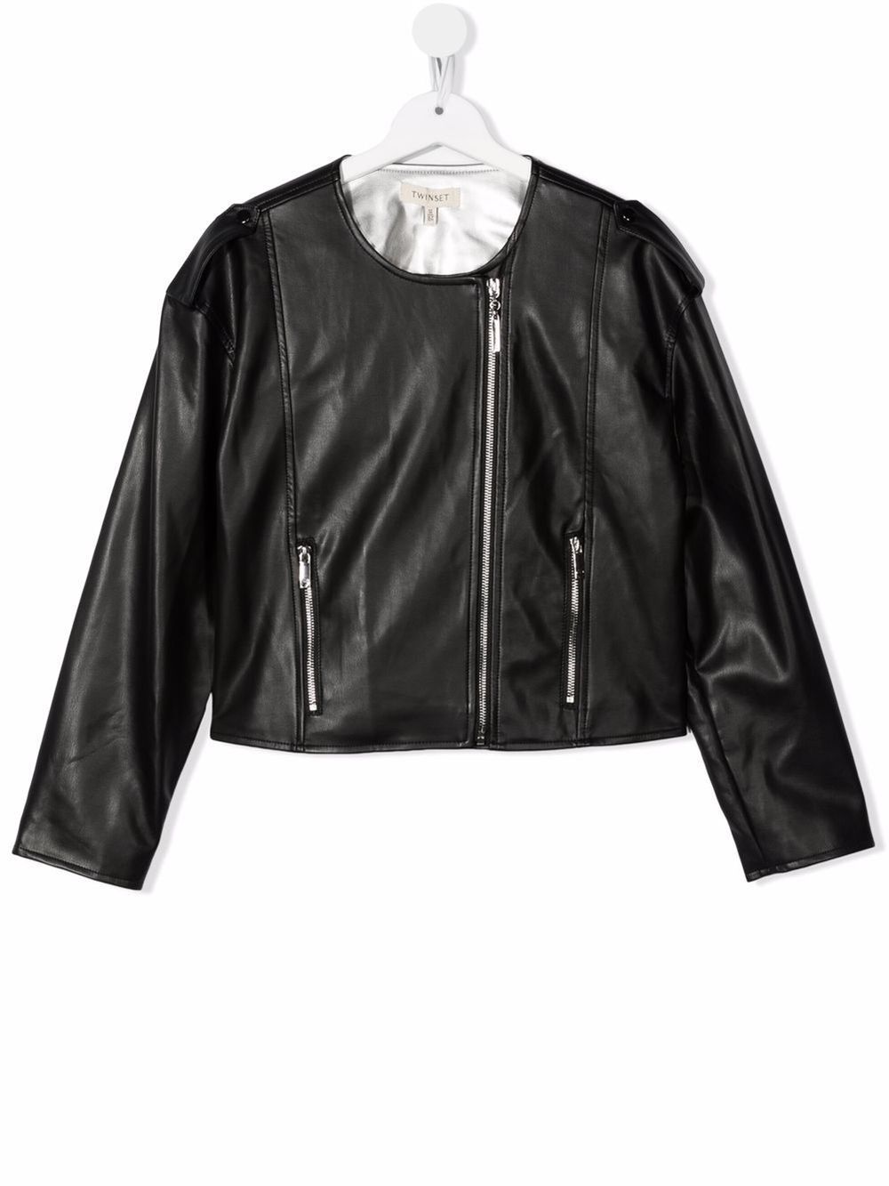 round neck leather jacket