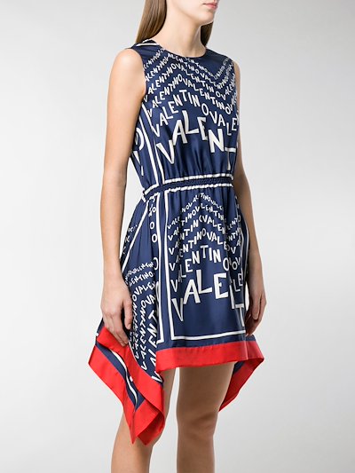 Valentino Logo Print Dress Blue Silk Modes