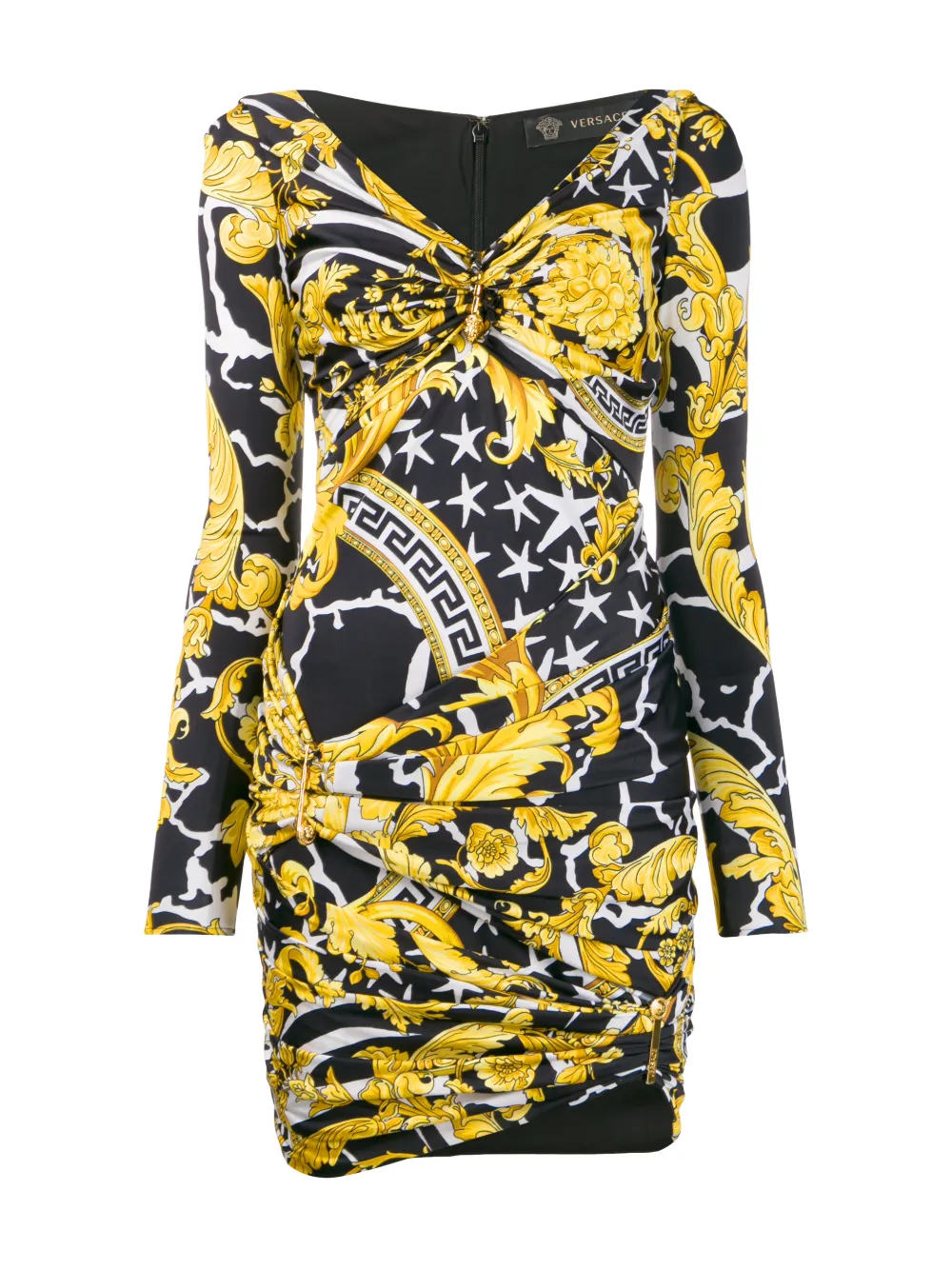 Barocco print ruched mini dress 