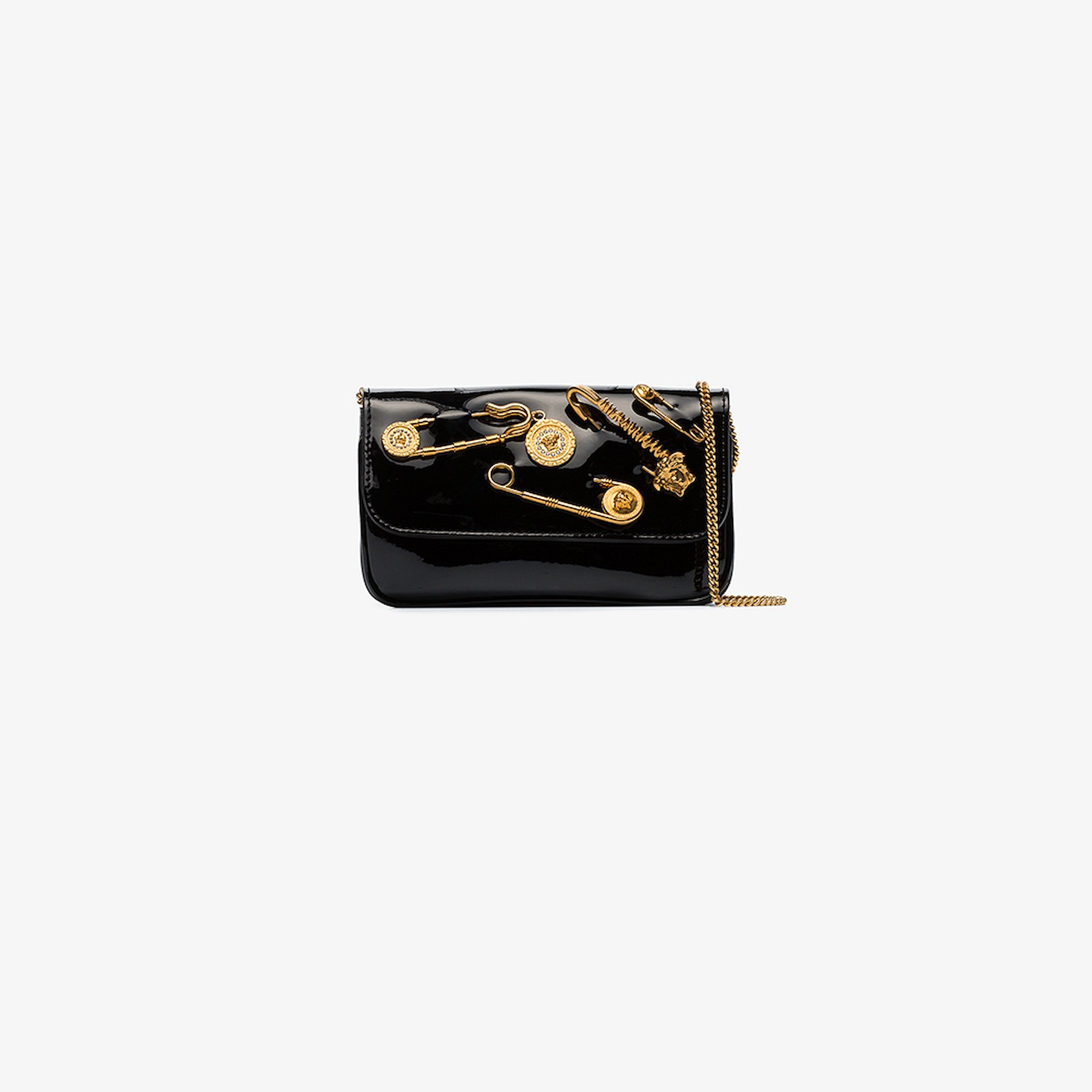 Black Pin Embellished Patent Leather Clutch Bag