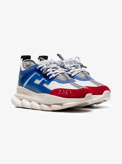 Versace blue and red Chain Reaction leather low top sneakers | Browns