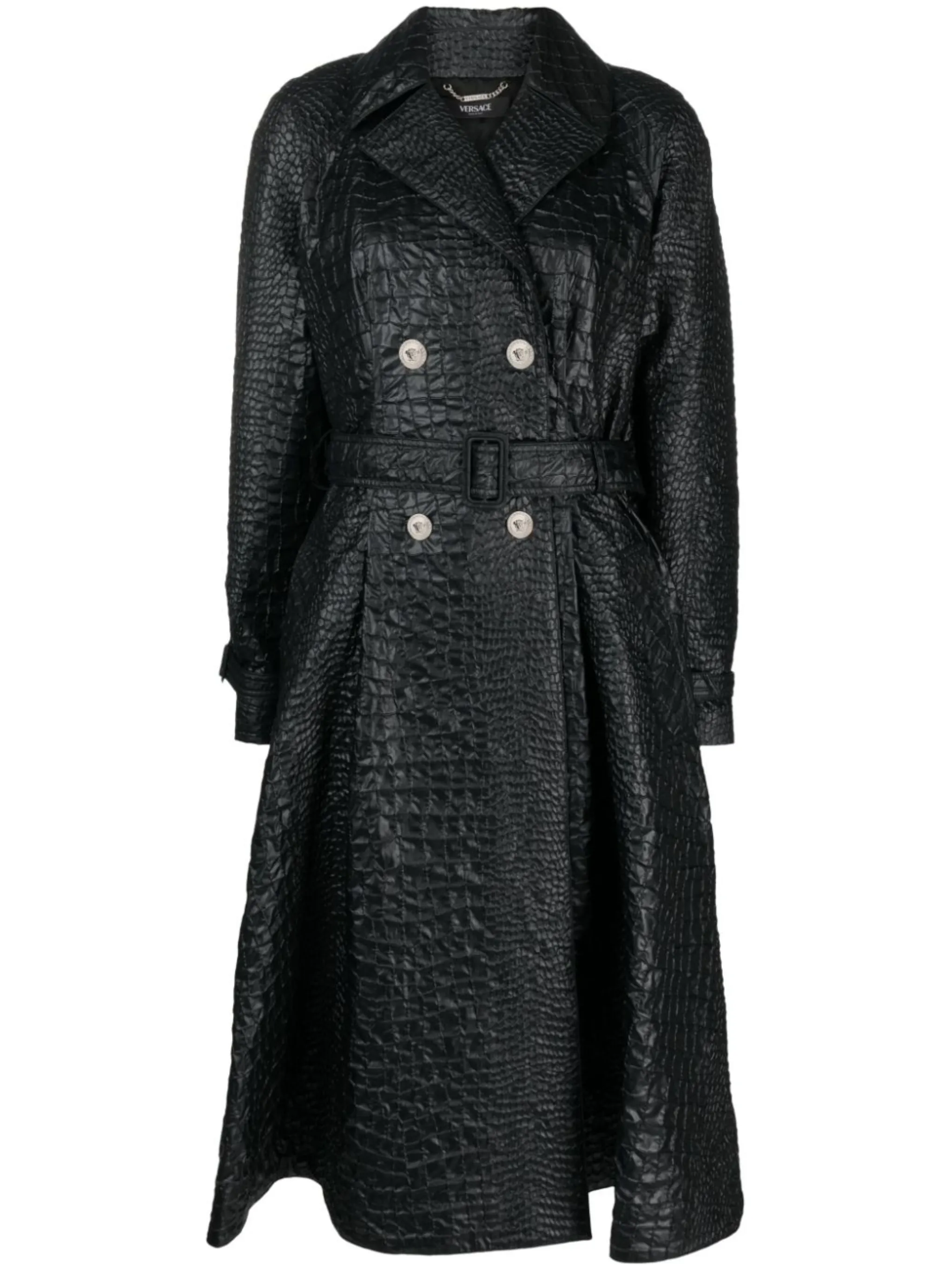 embossedcrocodile laminated trench coat Versace