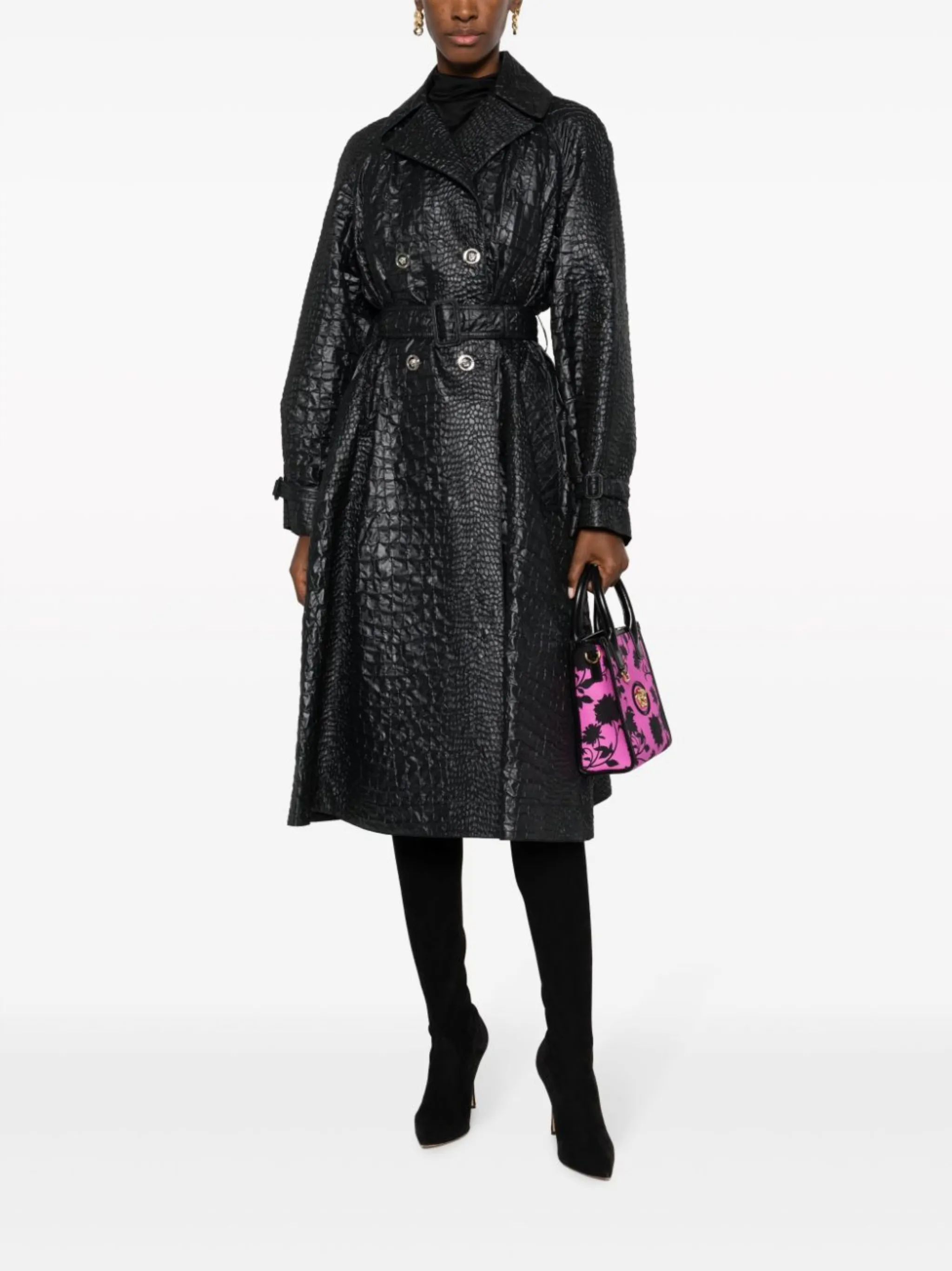 embossedcrocodile laminated trench coat Versace