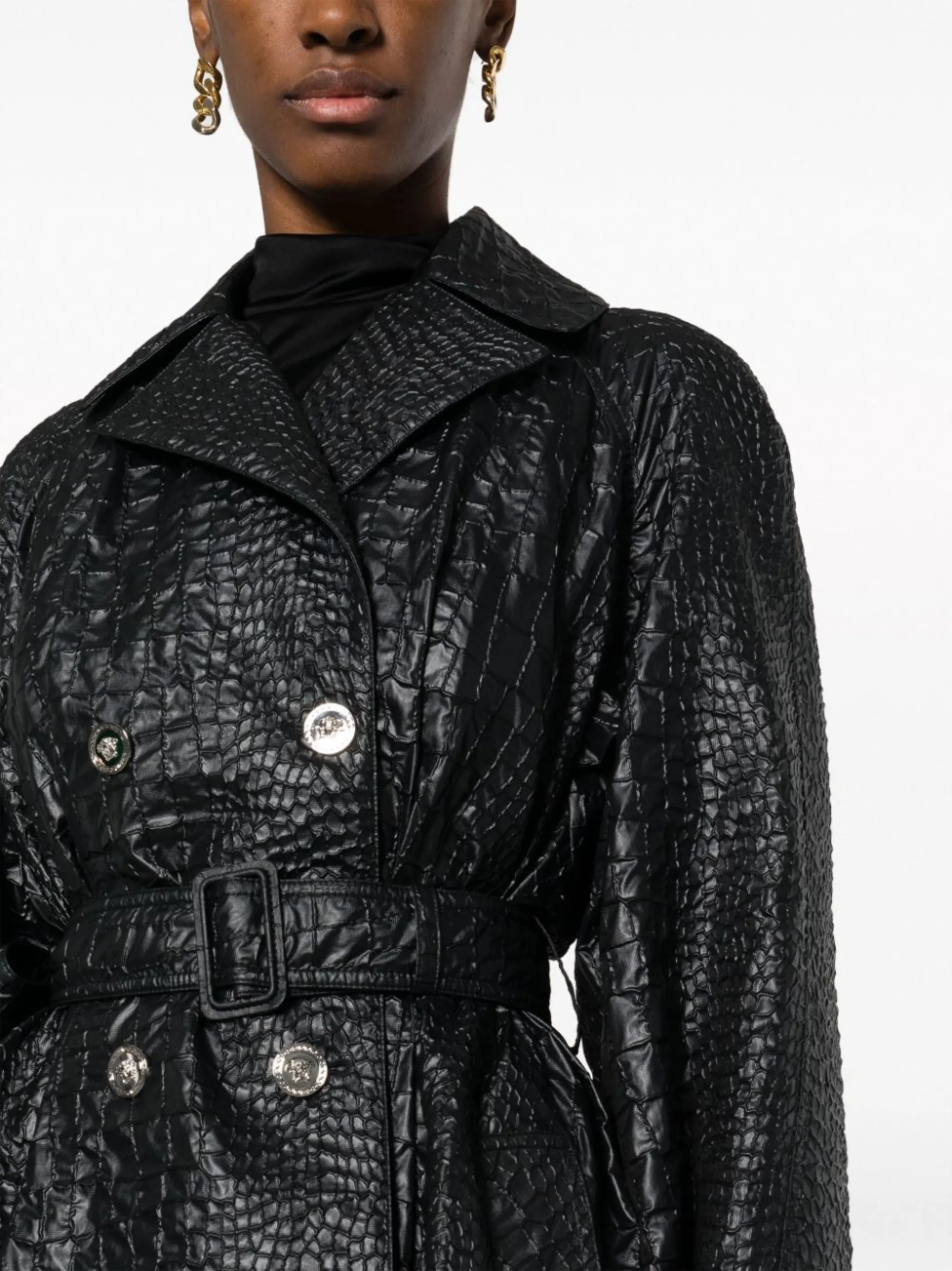 embossedcrocodile laminated trench coat Versace