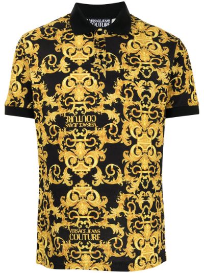 Versace Signature Print Collar Cotton Polo Shirt on SALE