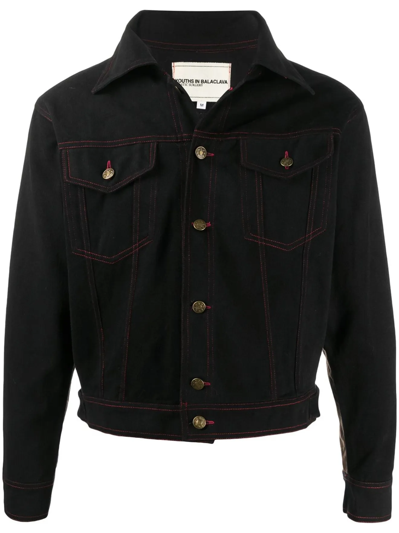 red denim jacket with white stitching